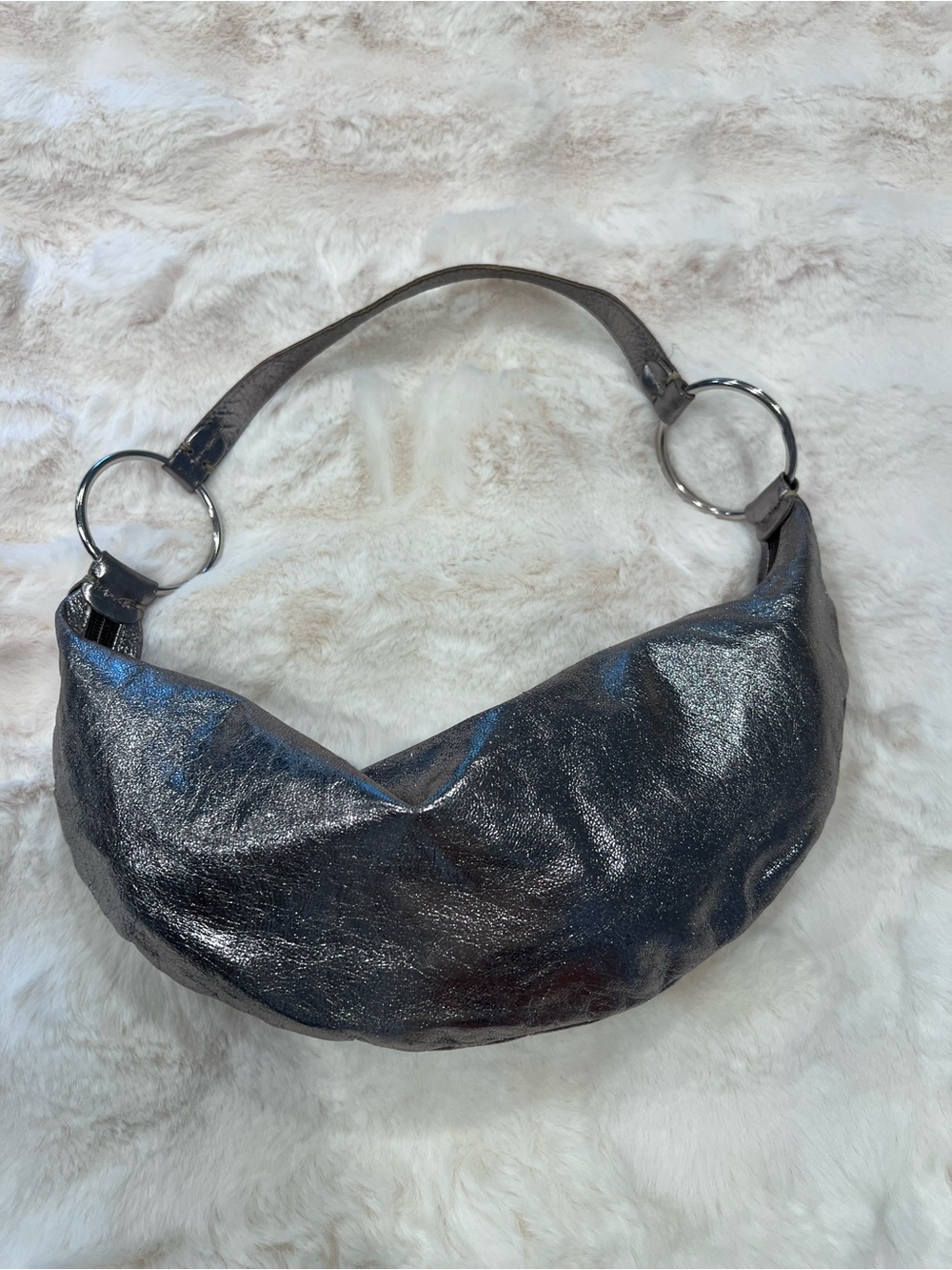 Tano Metallic Silver Crescent Small Shoulder Bag